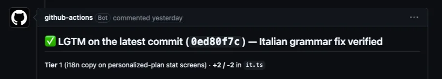 LGTM verdict with a what-I-reviewed log on the latest commit