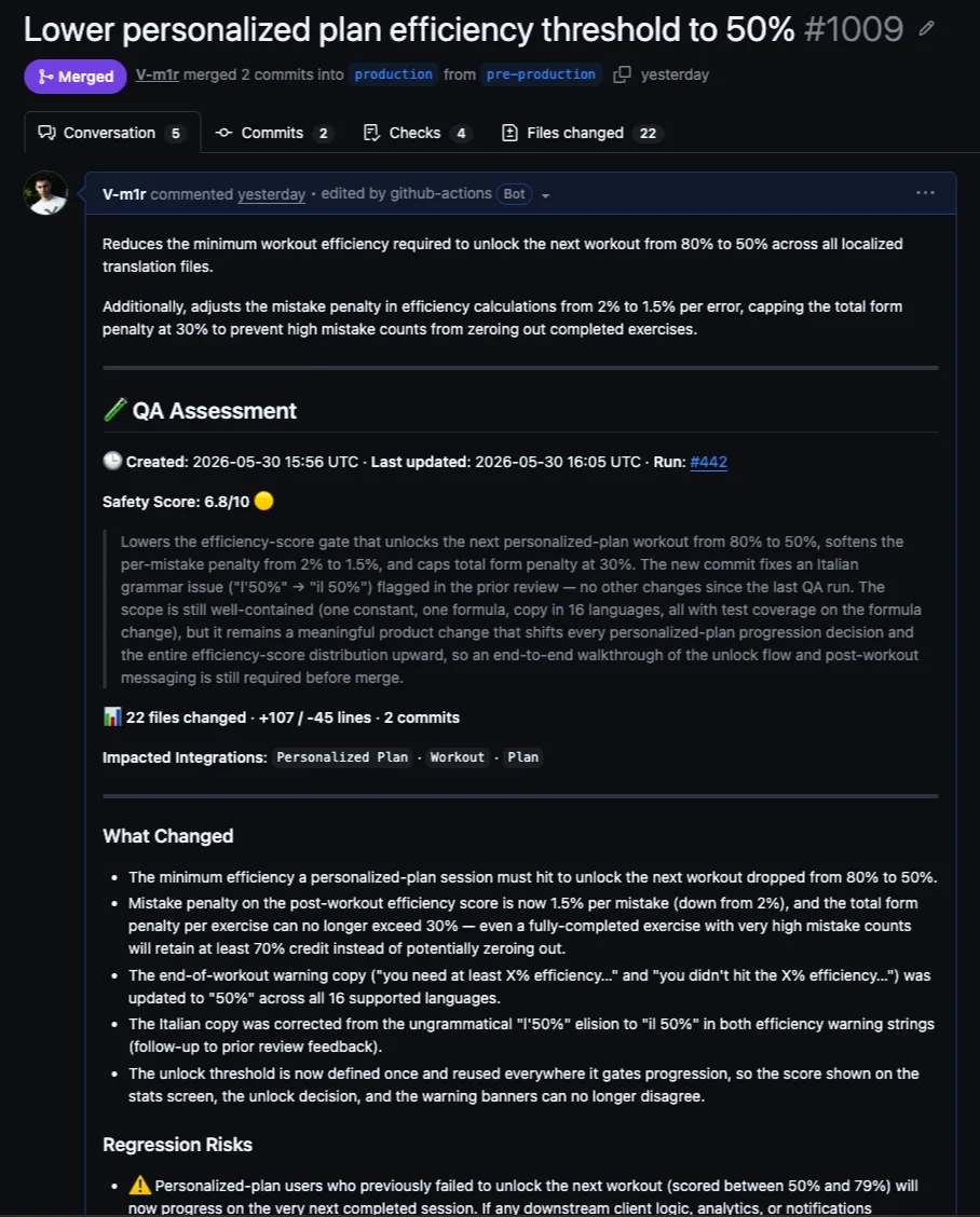 QA assessment in the PR description, with a safety score and test checklist