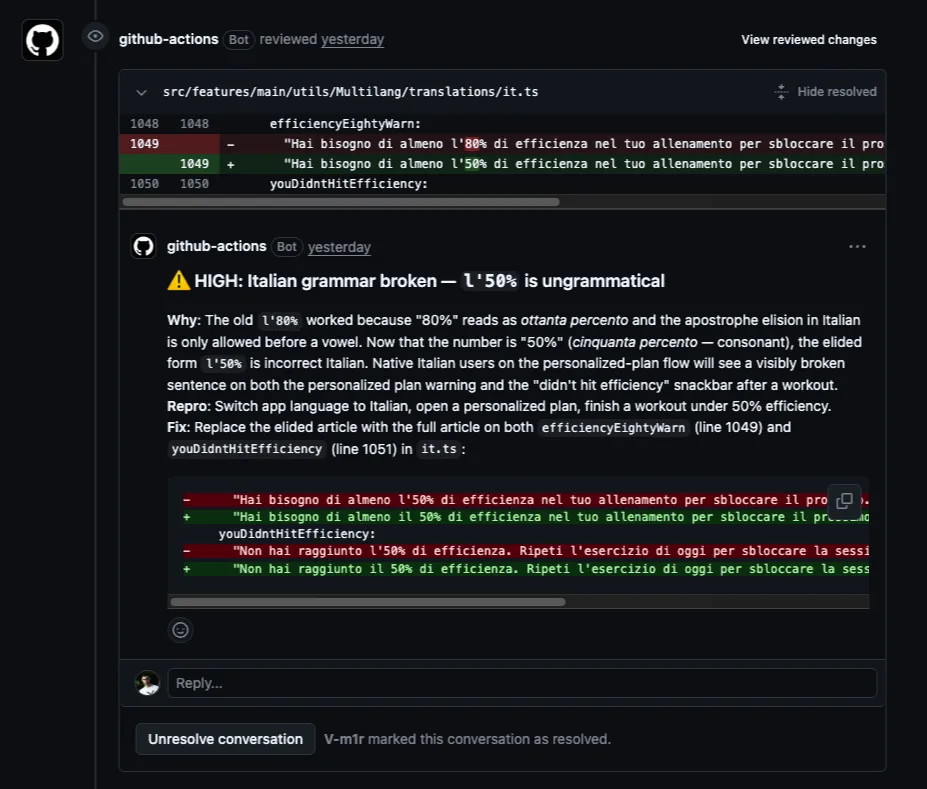 Inline code review comment flagging a real bug with a suggested fix